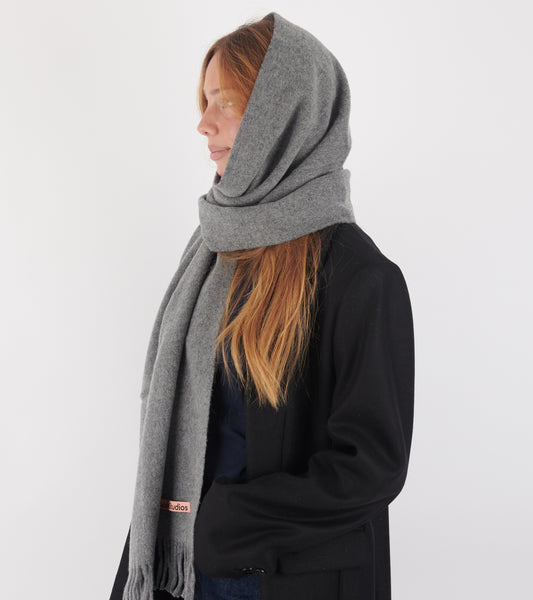 Fringe Wool Scarf Narrow Grey Melange
