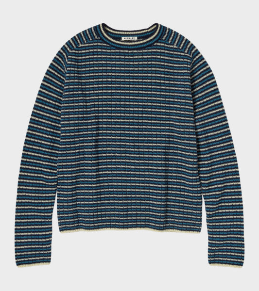 Shetland Wool Cashmere Rib Knit P/O Navy Stripe