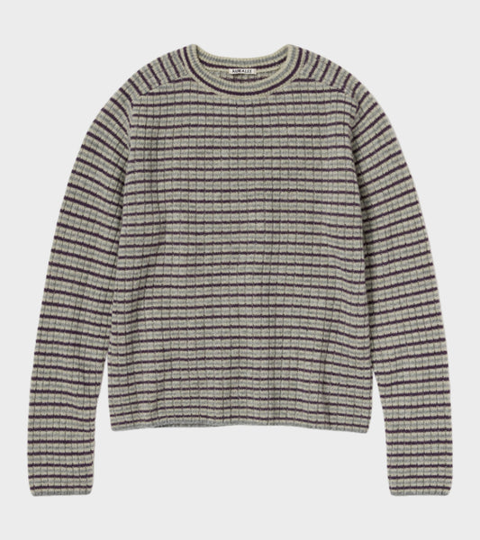 Shetland Wool Cashmere Rib Knit P/O Lime Purple Stripe