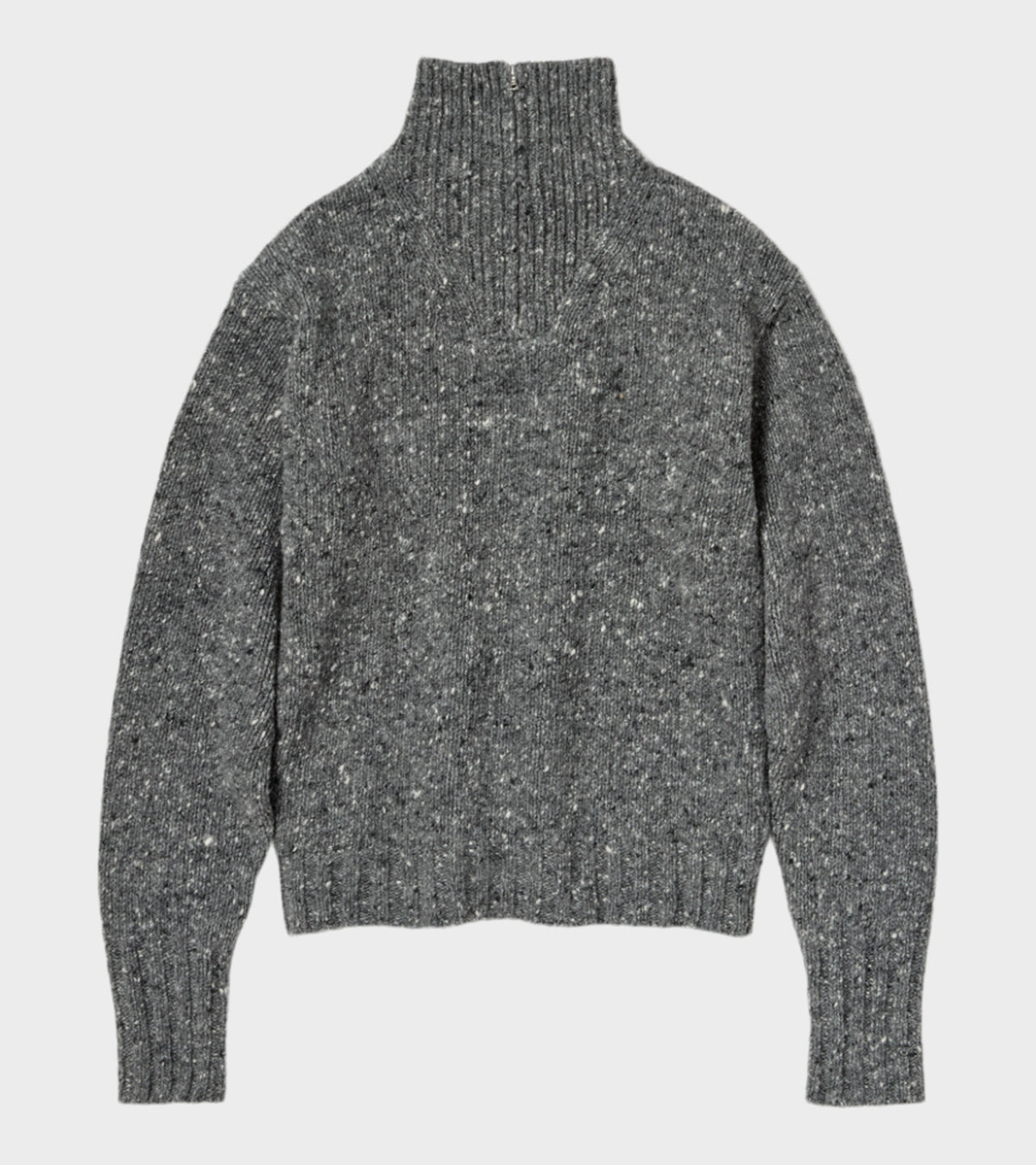 Low-Gauge Homespun Tweed Knit Zip Turtle Top Charcoal