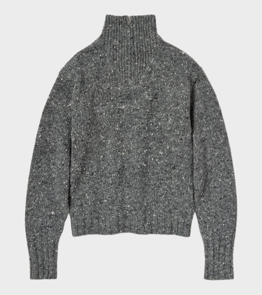Low-Gauge Homespun Tweed Knit Zip Turtle Top Charcoal