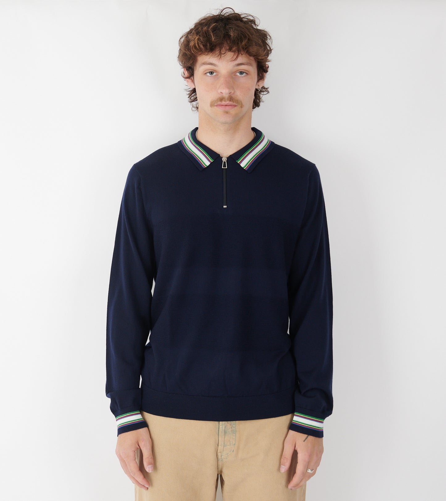 L/S Wool Zip Polo Navy/Multi