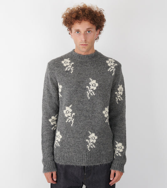 Wool Alpaca Flower Intarsia Knit Grey