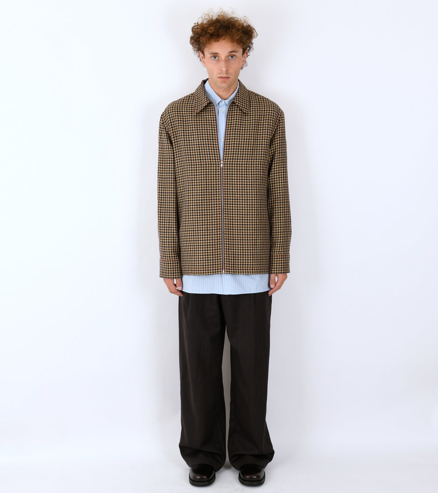 Light Wool Linen Micro Check Shirt Hazelnut Mouline