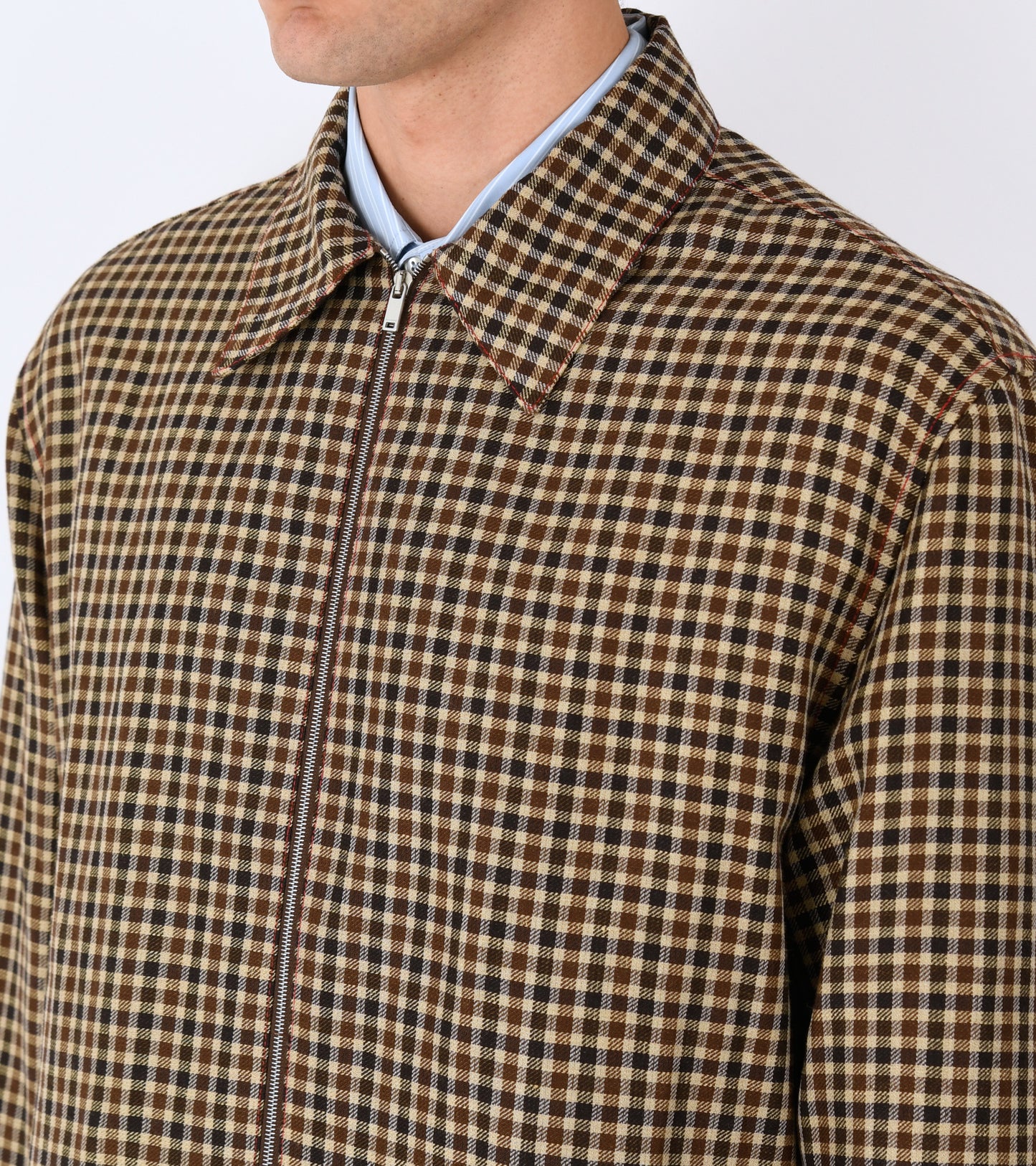 Light Wool Linen Micro Check Shirt Hazelnut Mouline