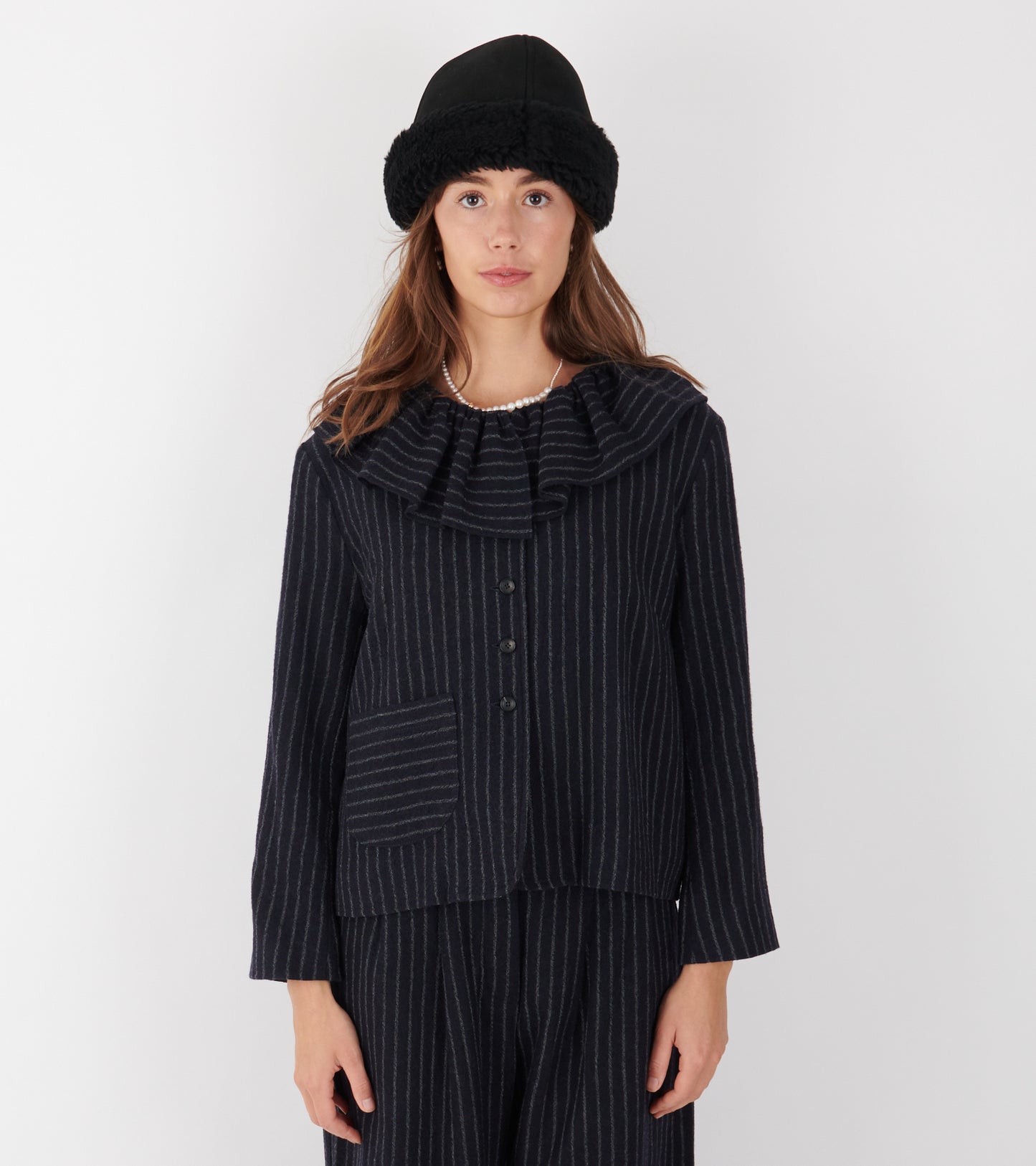 Japanese Striped Boucle Ruffle Lillie Jacket Navy/Grey