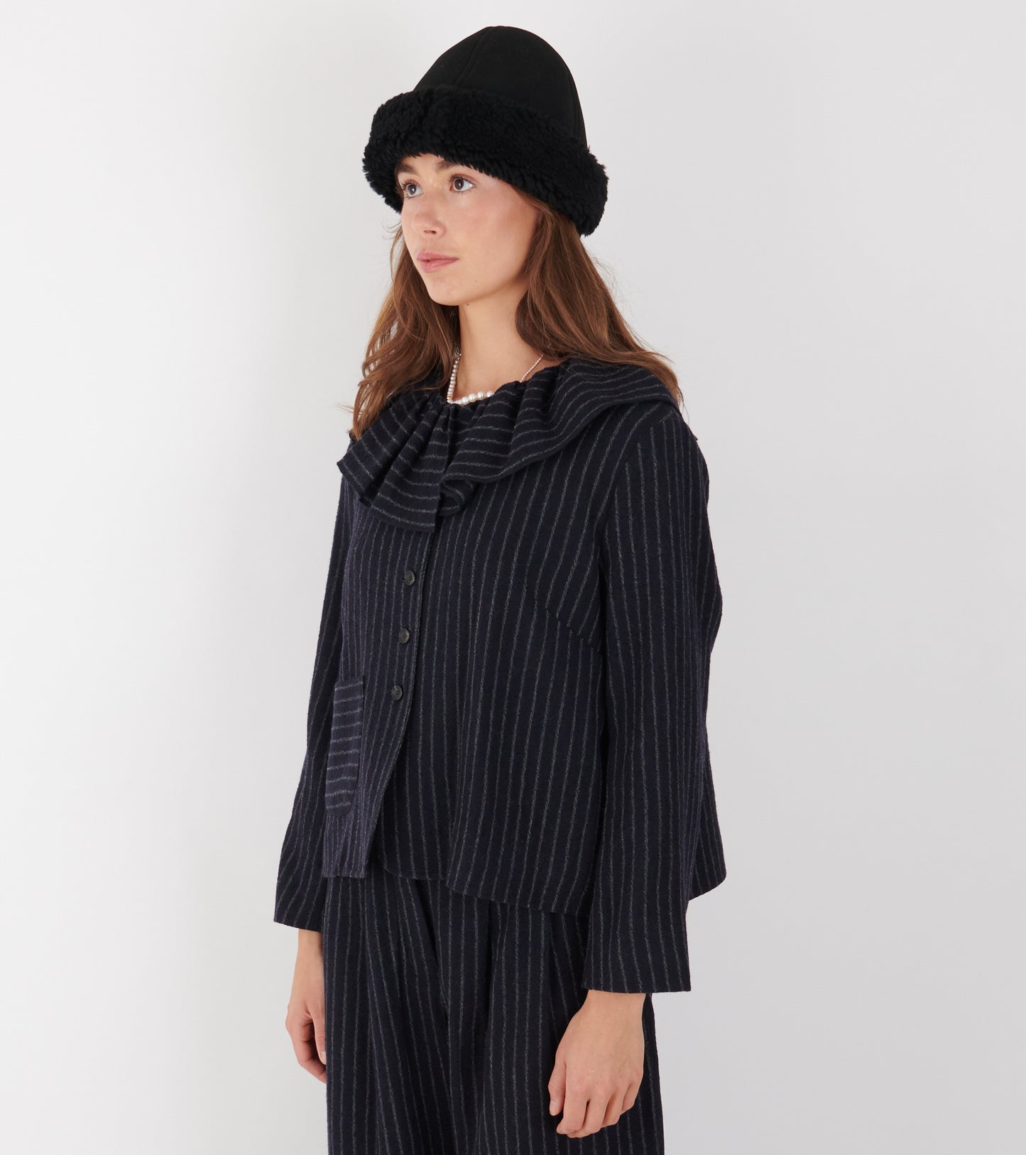 Japanese Striped Boucle Ruffle Lillie Jacket Navy/Grey