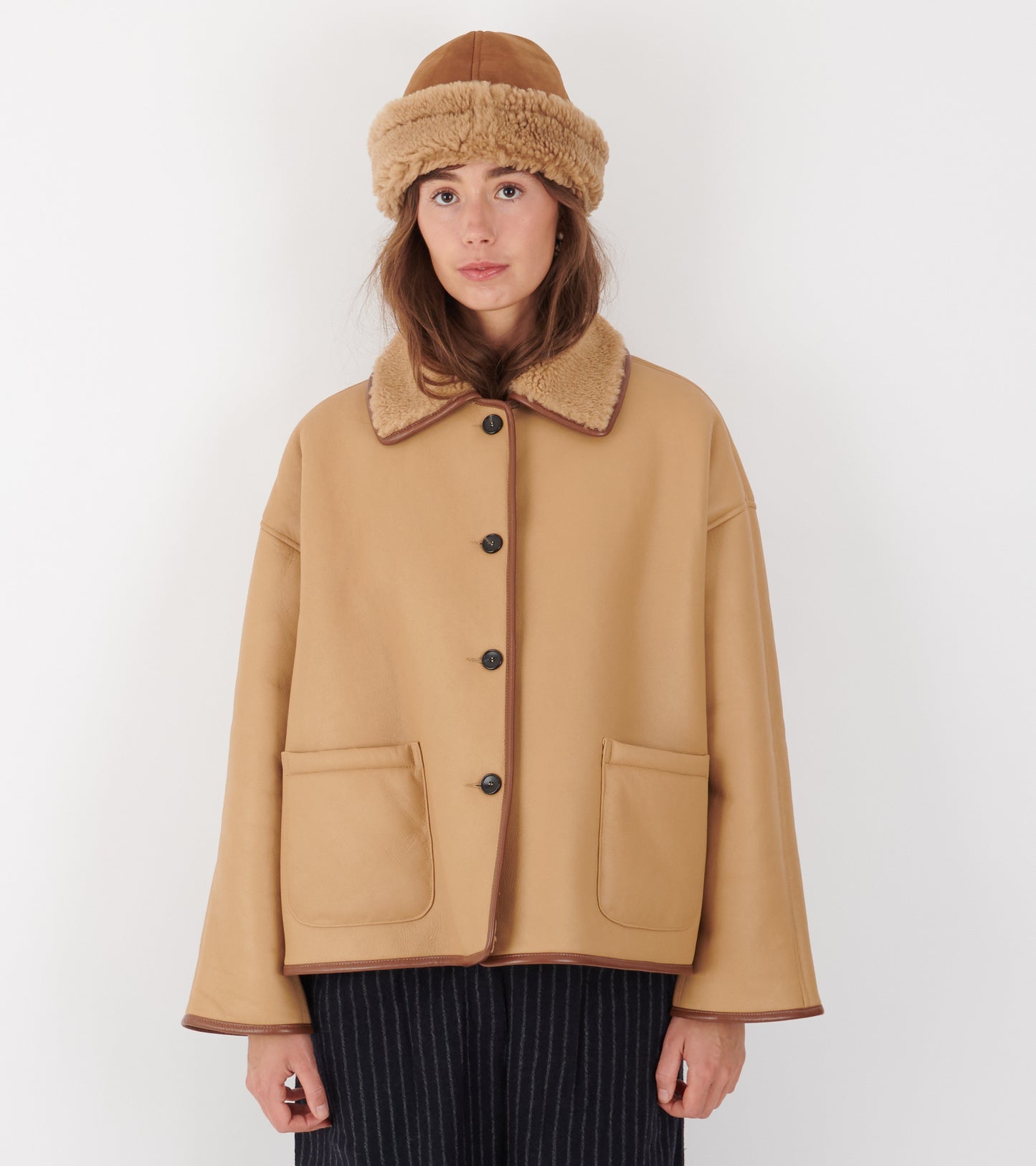 Leather Back Curly Avis Jacket Tan