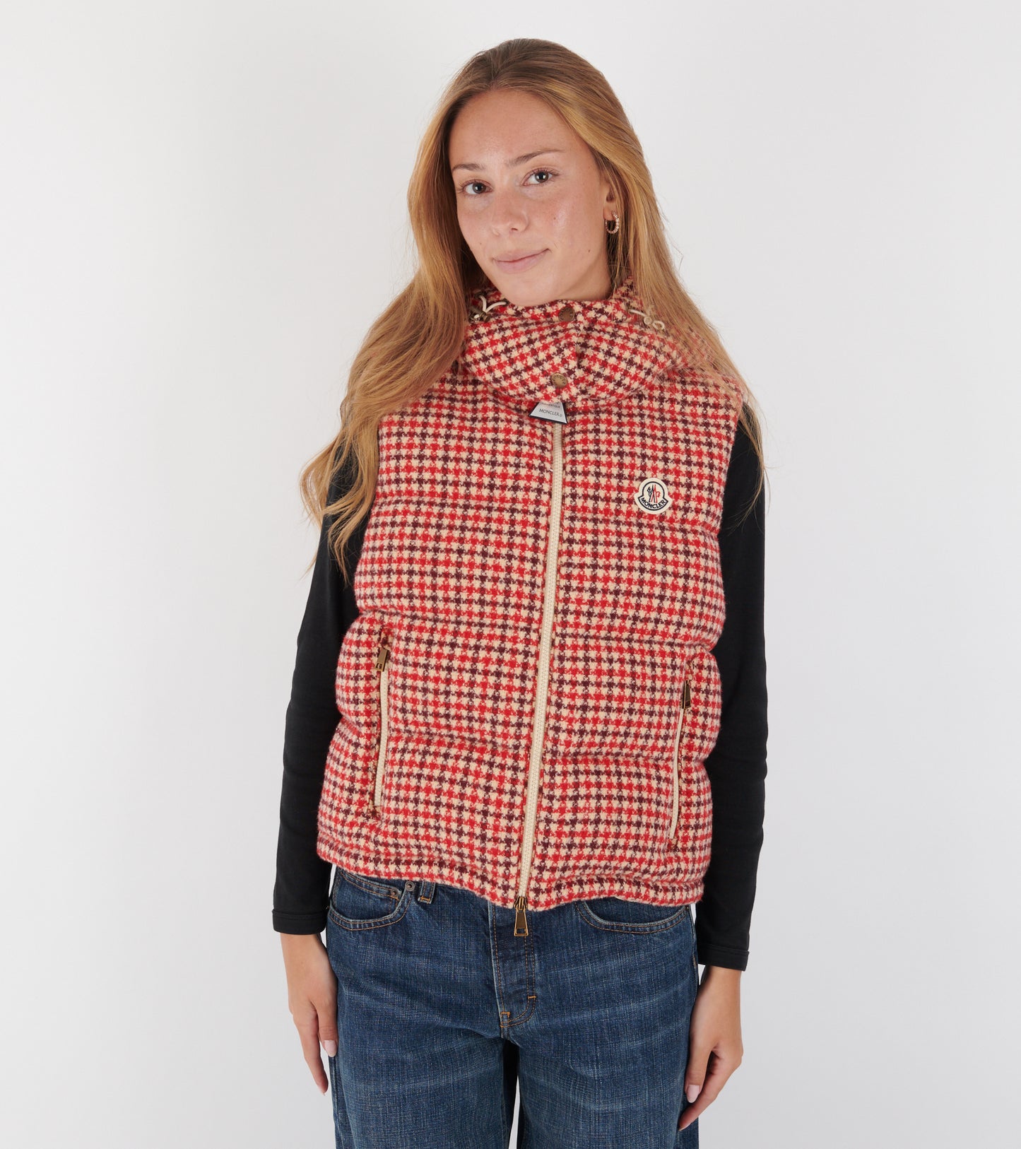 Niverolle Houndstooth Wool Blend Down Vest Rose Pink/Red