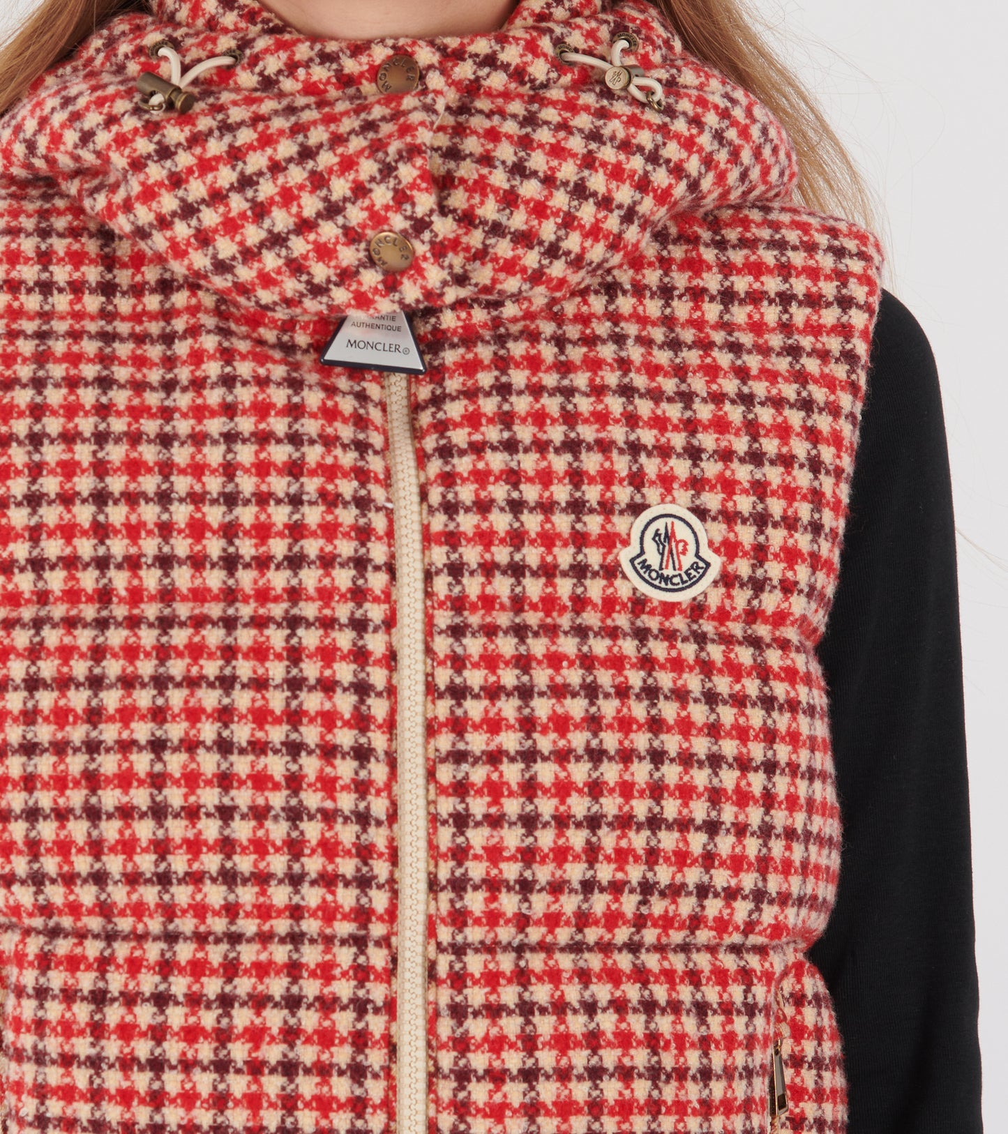 Niverolle Houndstooth Wool Blend Down Vest Rose Pink/Red