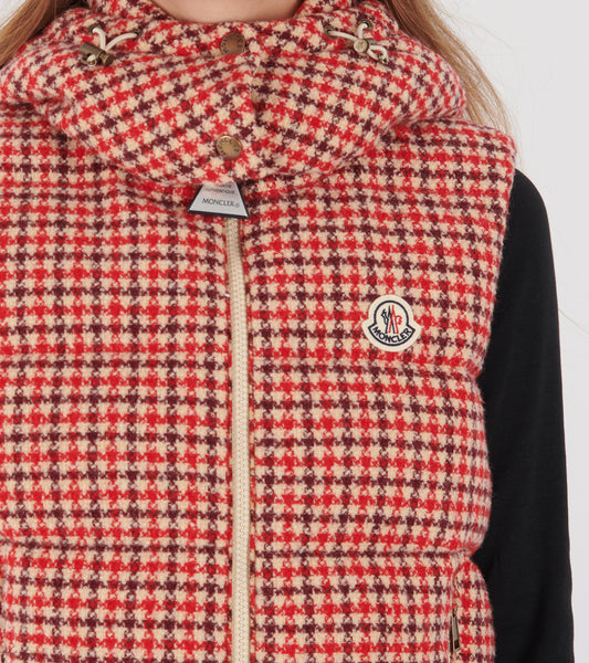 Niverolle Houndstooth Wool Blend Down Vest Rose Pink/Red
