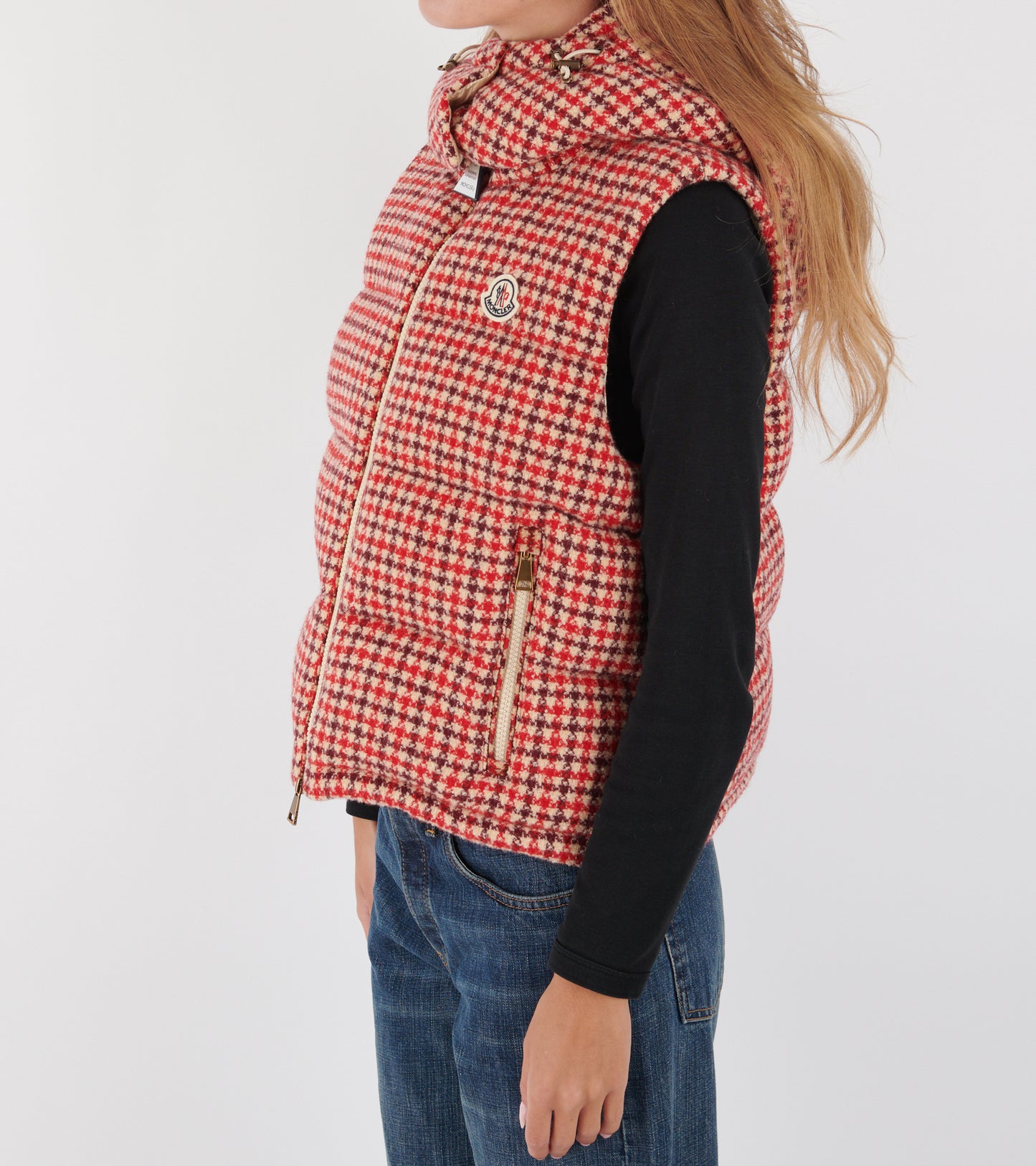 Niverolle Houndstooth Wool Blend Down Vest Rose Pink/Red