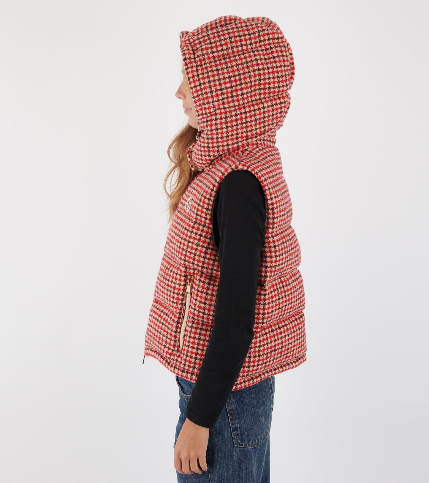 Niverolle Houndstooth Wool Blend Down Vest Rose Pink/Red