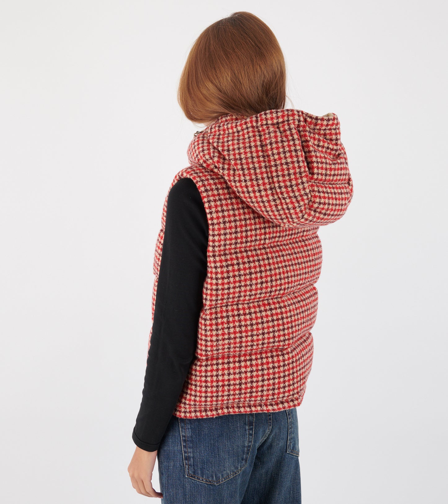 Niverolle Houndstooth Wool Blend Down Vest Rose Pink/Red