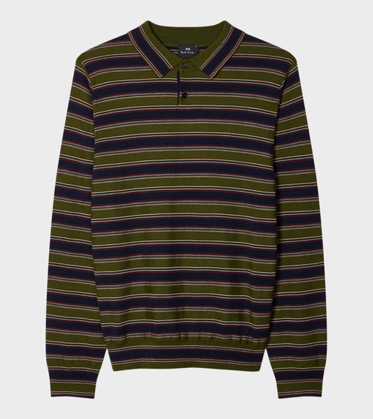 Merino Polo Shirt Green and Navy Stripe
