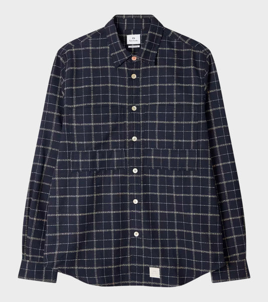 Cotton Crepe Check Overshirt Navy