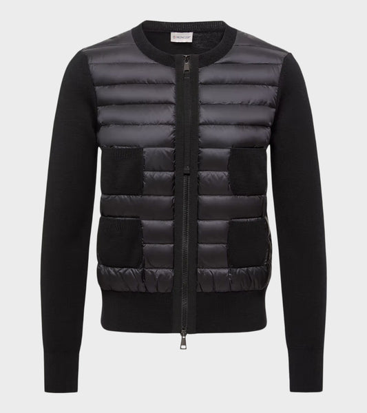 Padded Four Pockets Merino Wool Zip Up Cardigan Black