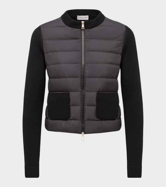 Padded Merino Wool Zip Up Cardigan Black
