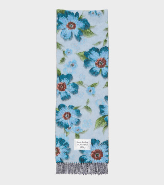 Fringed Wool Scarf Floral Blue