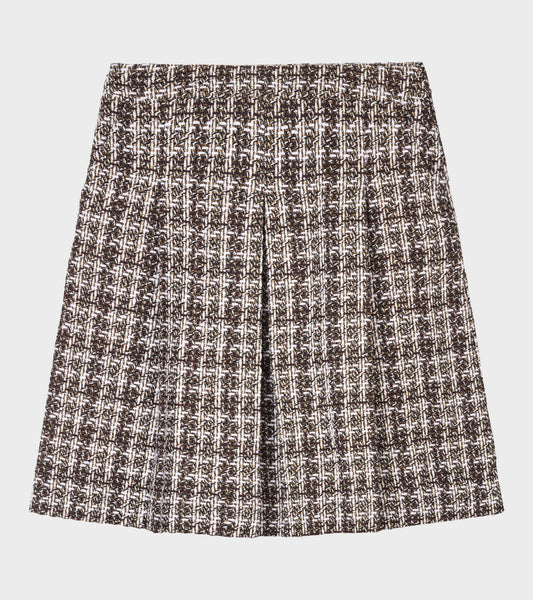 Bouclé Wool Full Length Pleated Skirt Burgundy Checkered