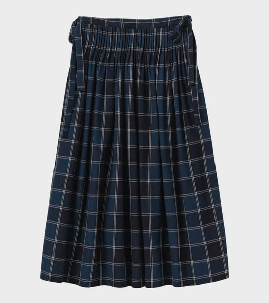 Market Check Pleated Cotton Linen Skirt Denim Blue