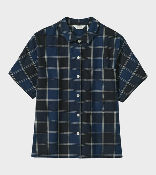 Market Check Cotton Linen Shirt Denim Blue