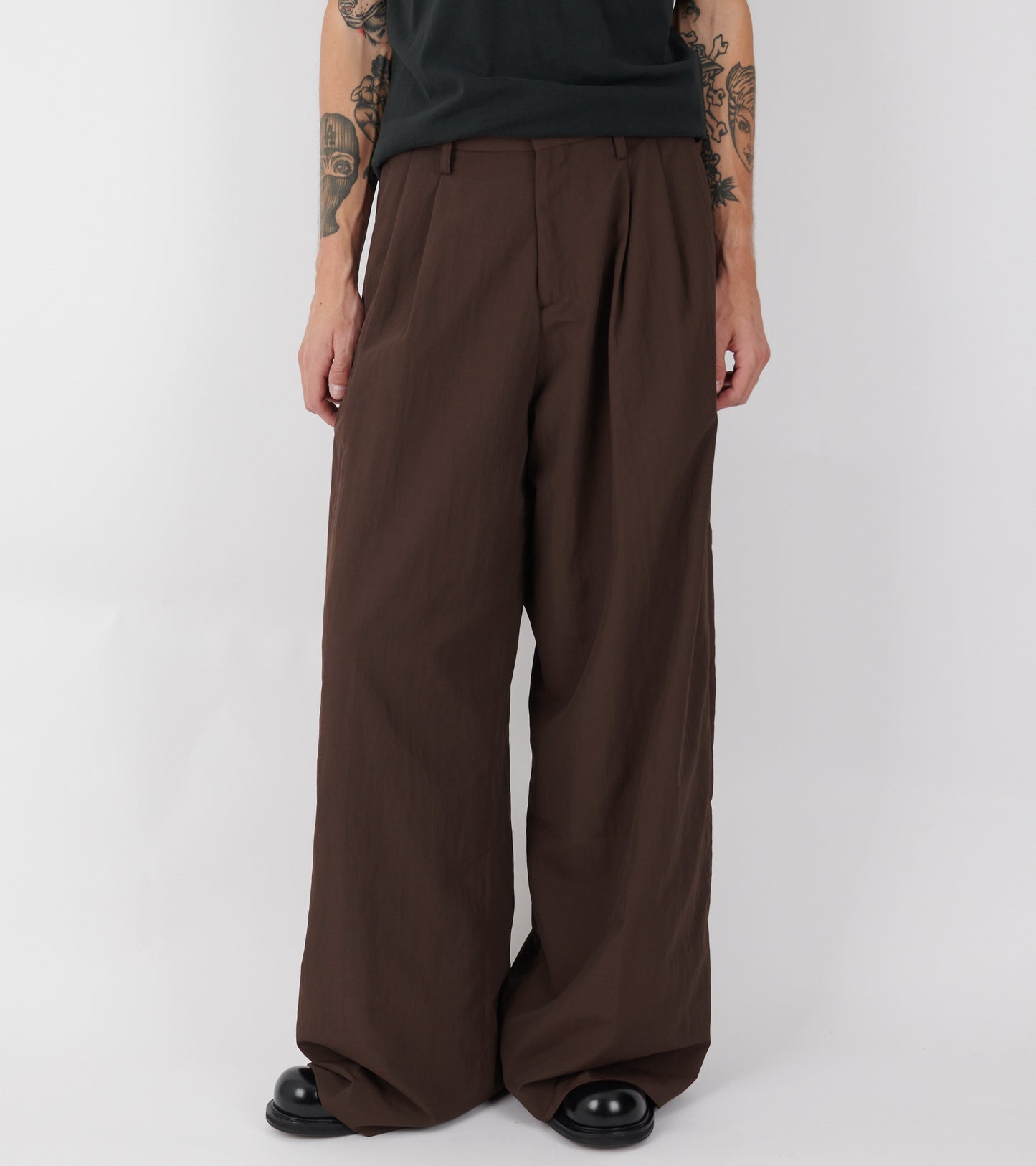 Pleated Nylon Suit Trousers Dark Brown