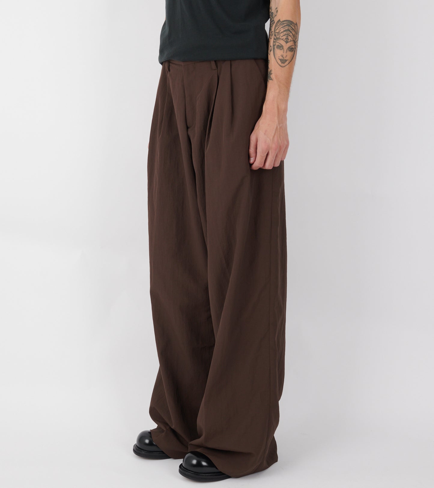 Pleated Nylon Suit Trousers Dark Brown