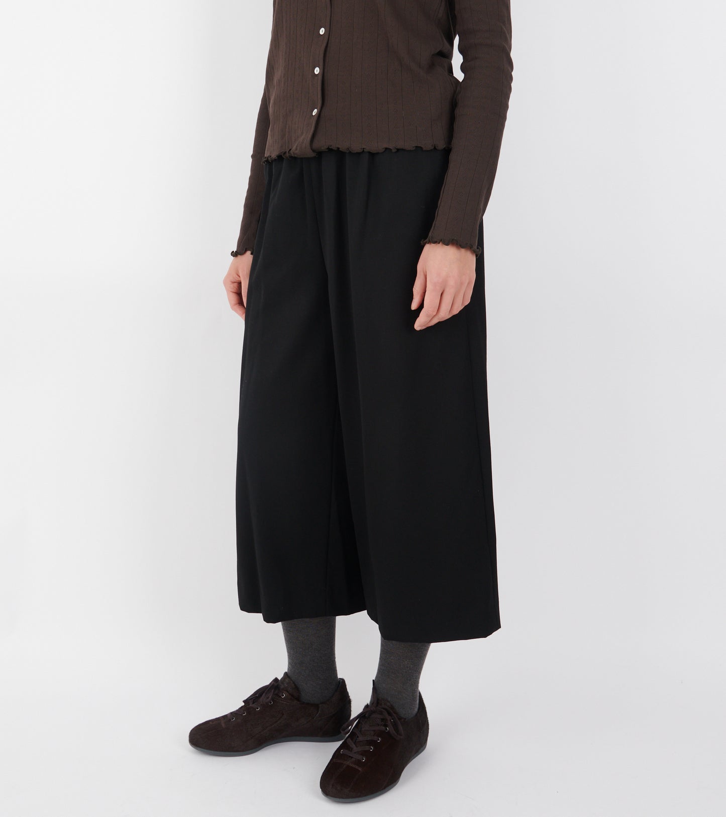 Wide Cropped Wool Pants Black