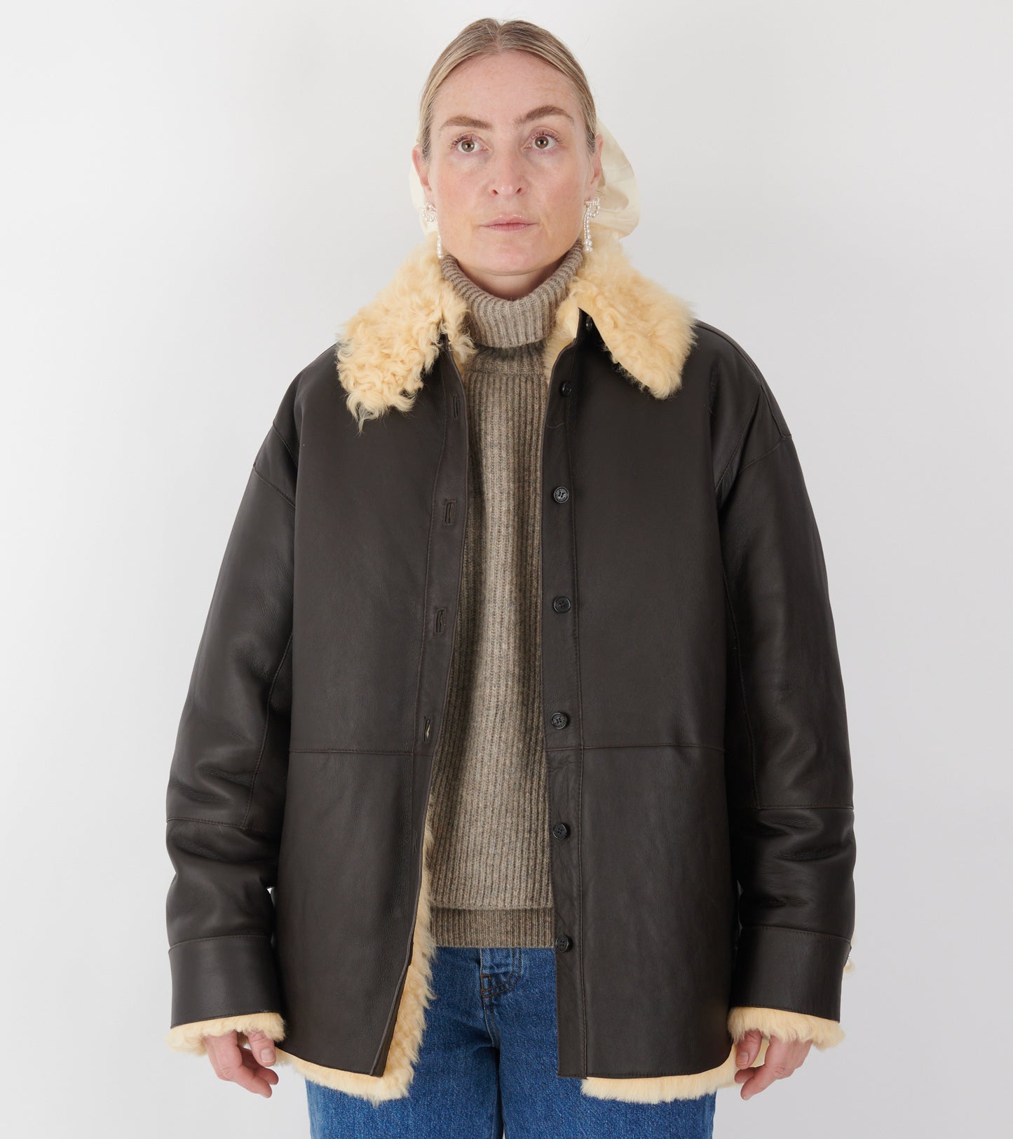 Shearling Shirt Jacket Coffee Brown/Pale Yellow