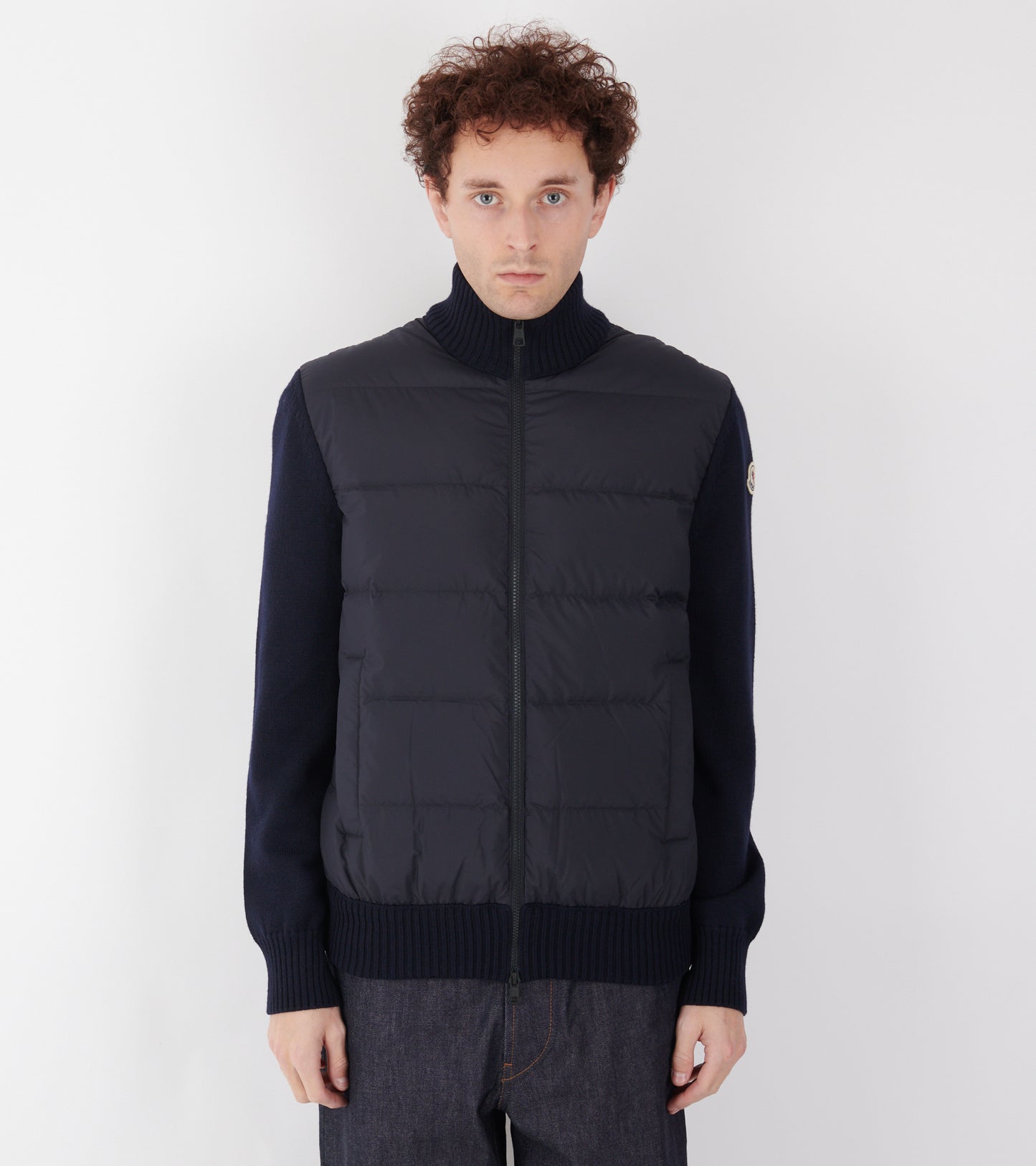Padded Wool Zip Up Cardigan Navy Blue