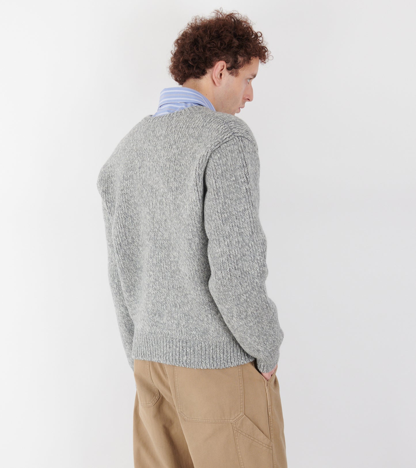 Double-Faced Wool Crewneck Cardigan Light Grey