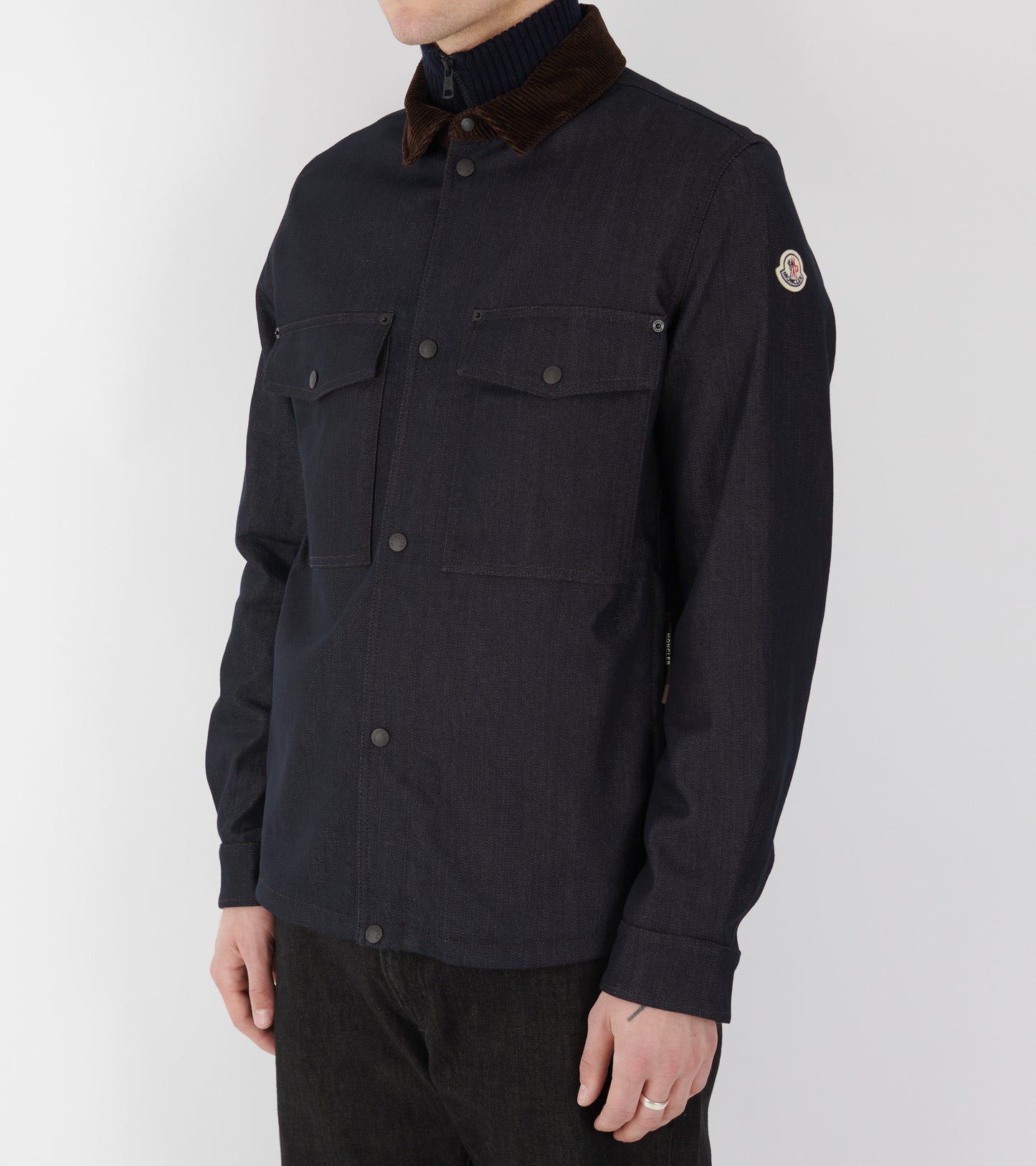 Denim Corduroy Trimmed Shirt Jacket Dark Blue