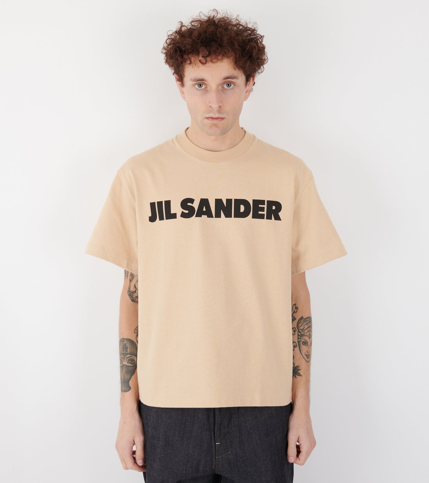 Stiff Lightweight Cotton Jersey Logo T-shirt Beige