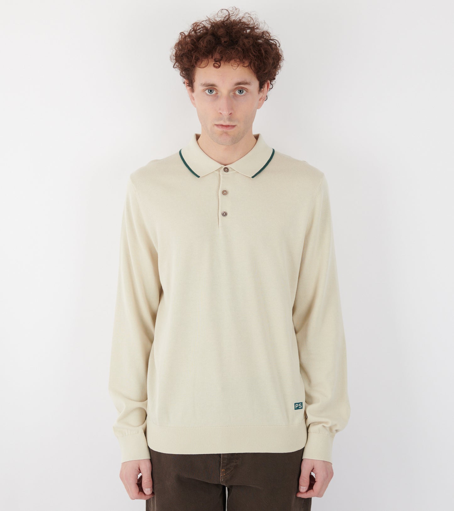 L/S Knit Polo Off-white/Forest Green