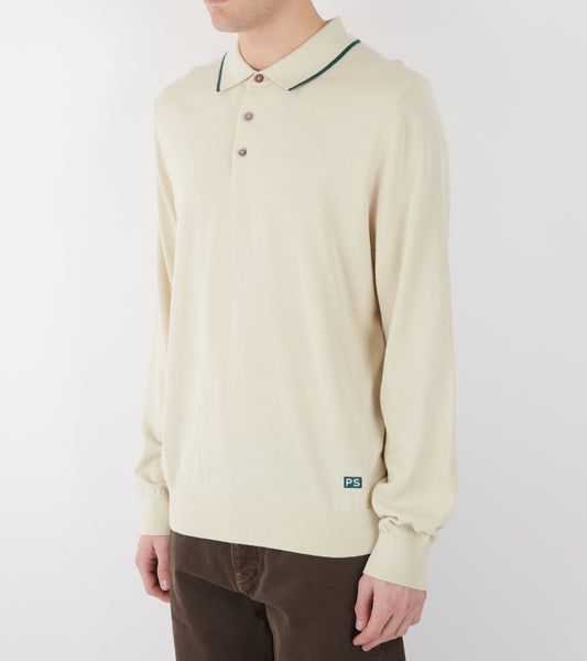 L/S Knit Polo Off-white/Forest Green