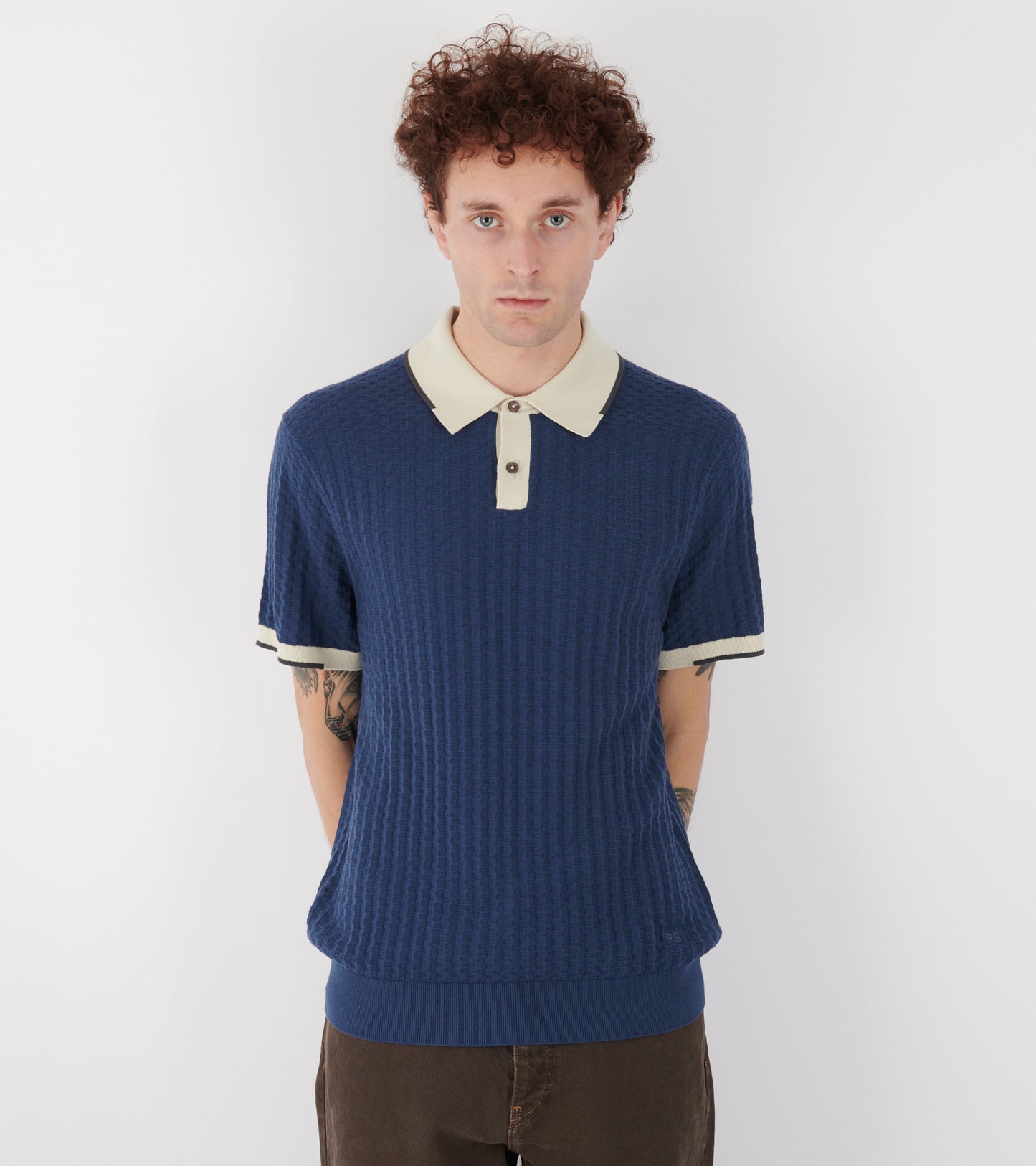 S/S Knit Polo Navy/Beige