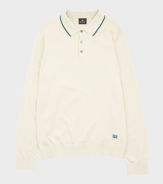 L/S Knit Polo Off-white/Forest Green
