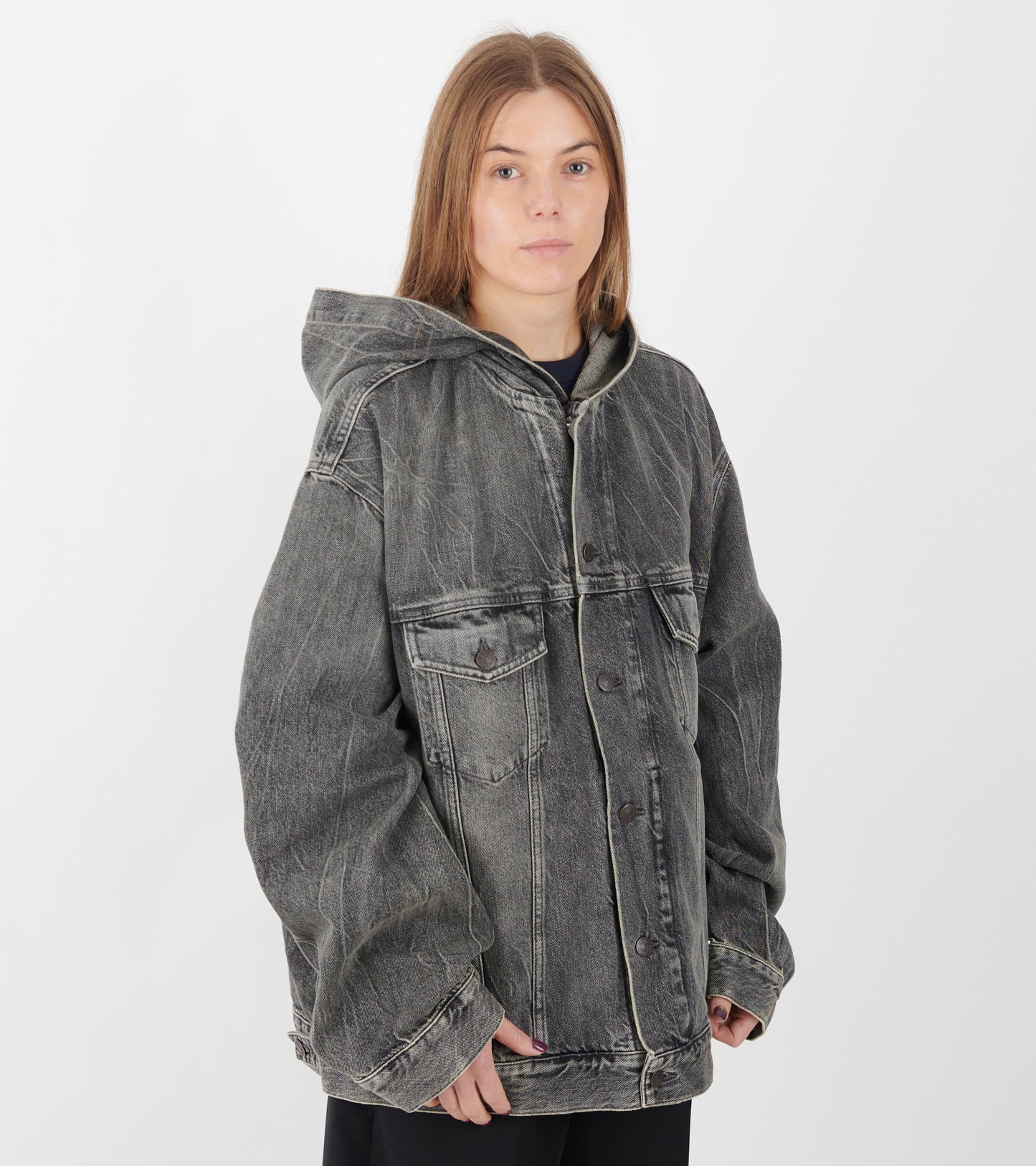 Hooded Denim Jacket Washed Black