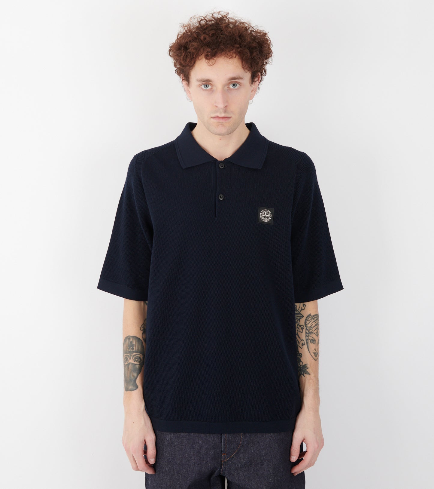 Cotton Knit Waffle S/S Polo Navy