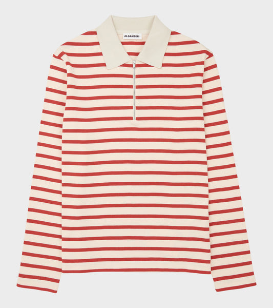 Ribbed Cotton Jersey Stripe L/S Polo Salty Red