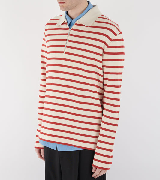 Ribbed Cotton Jersey Stripe L/S Polo Salty Red