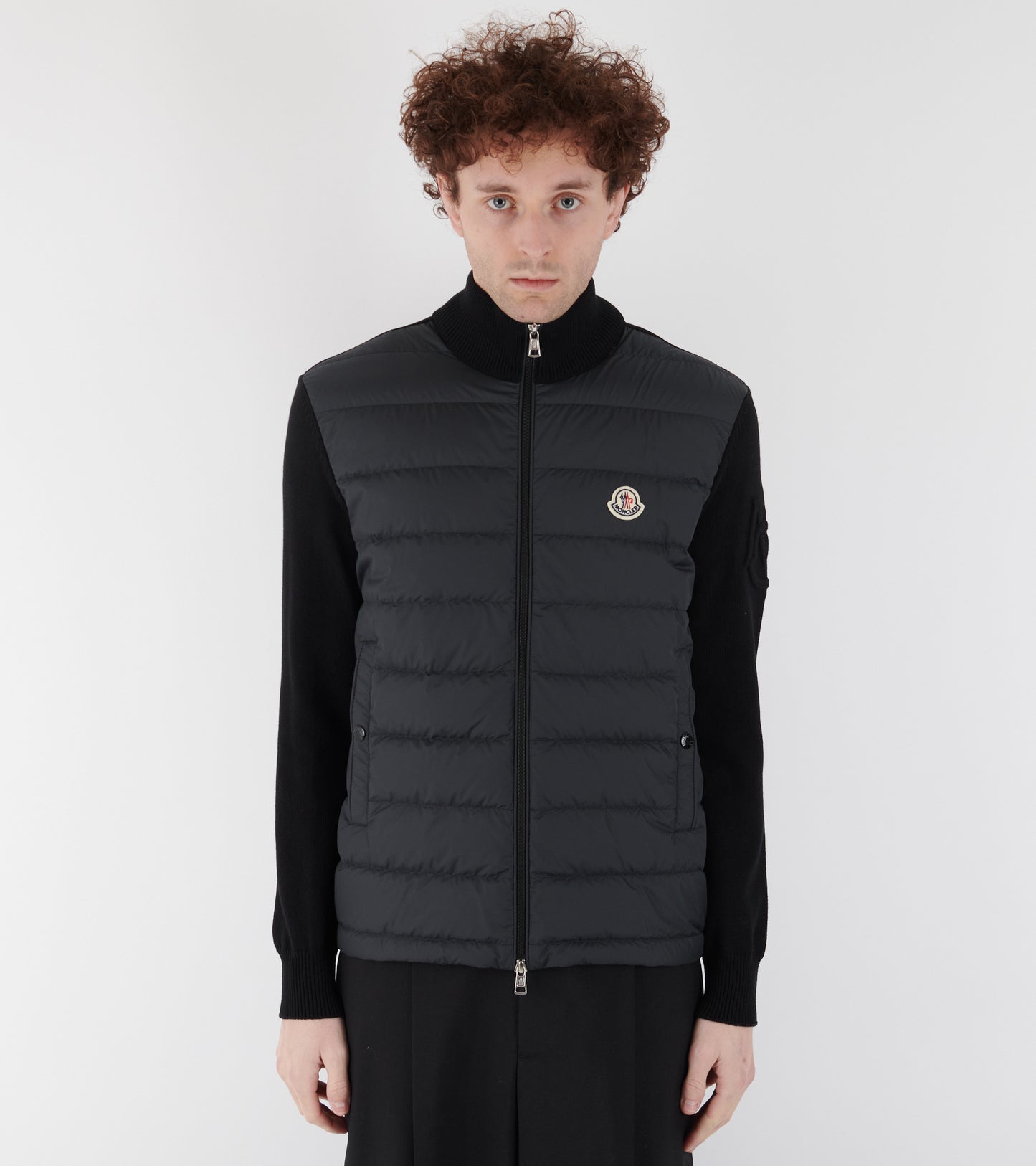 Sleeve Knit Logo Padded Zip-up Cardigan Black