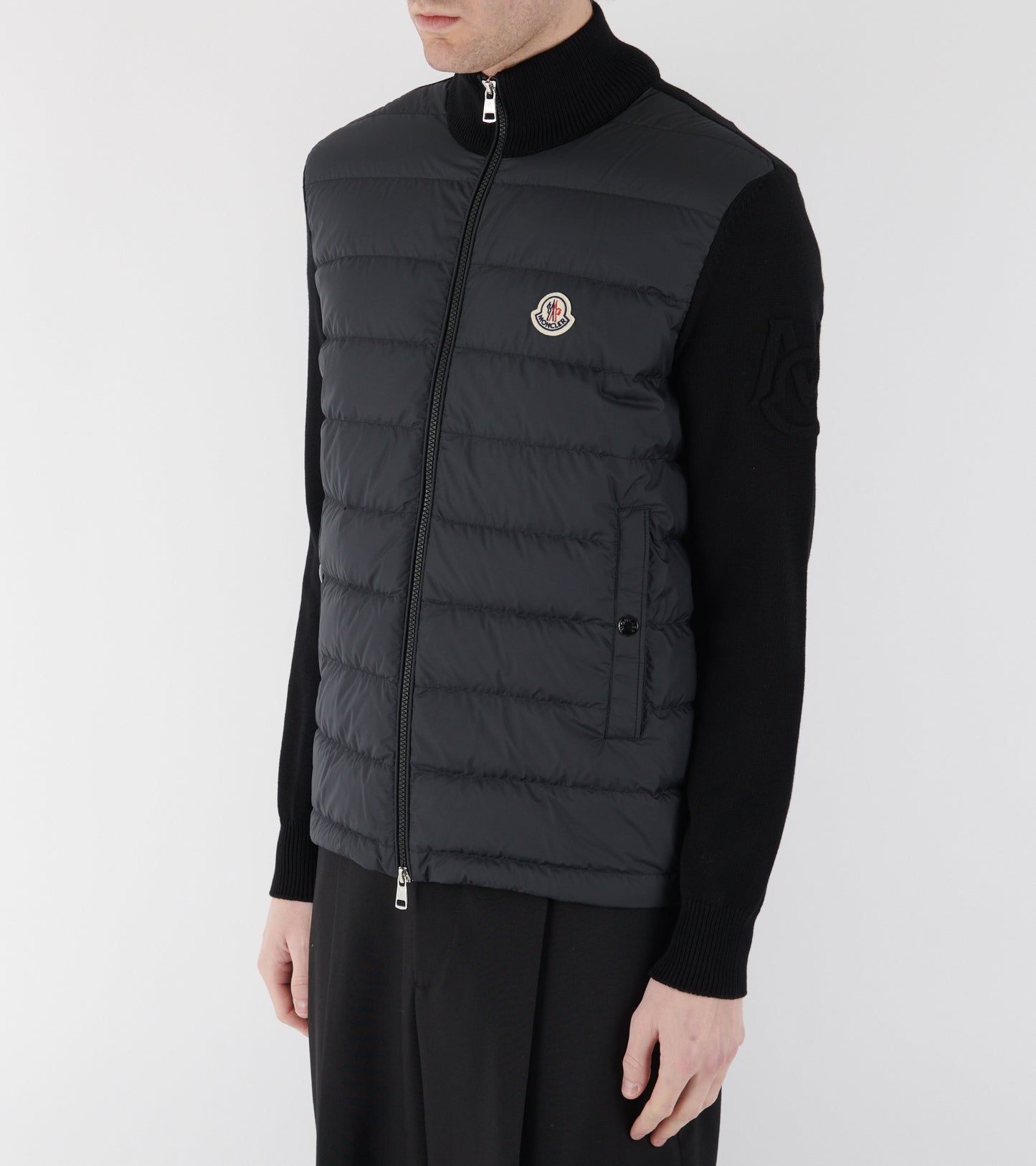 Sleeve Knit Logo Padded Zip-up Cardigan Black