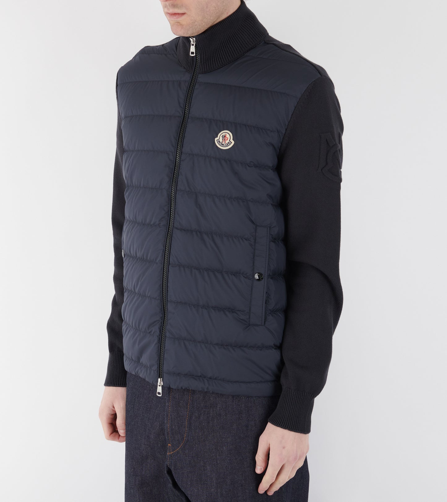 Sleeve Knit Logo Padded Zip-up Cardigan Navy Blue