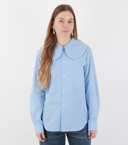 Big Round Collar Check Shirt Light Blue/White