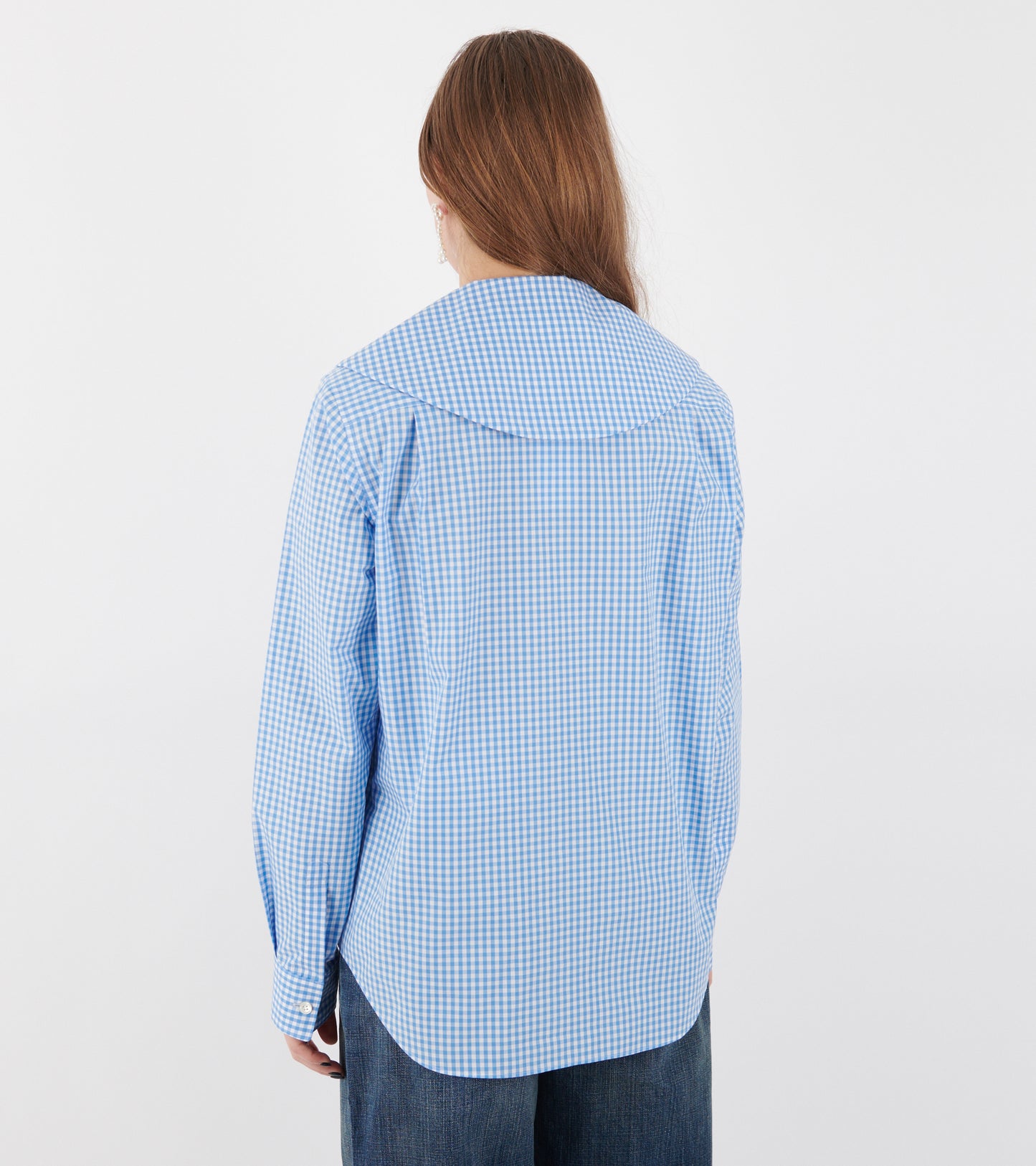 Big Round Collar Check Shirt Light Blue/White