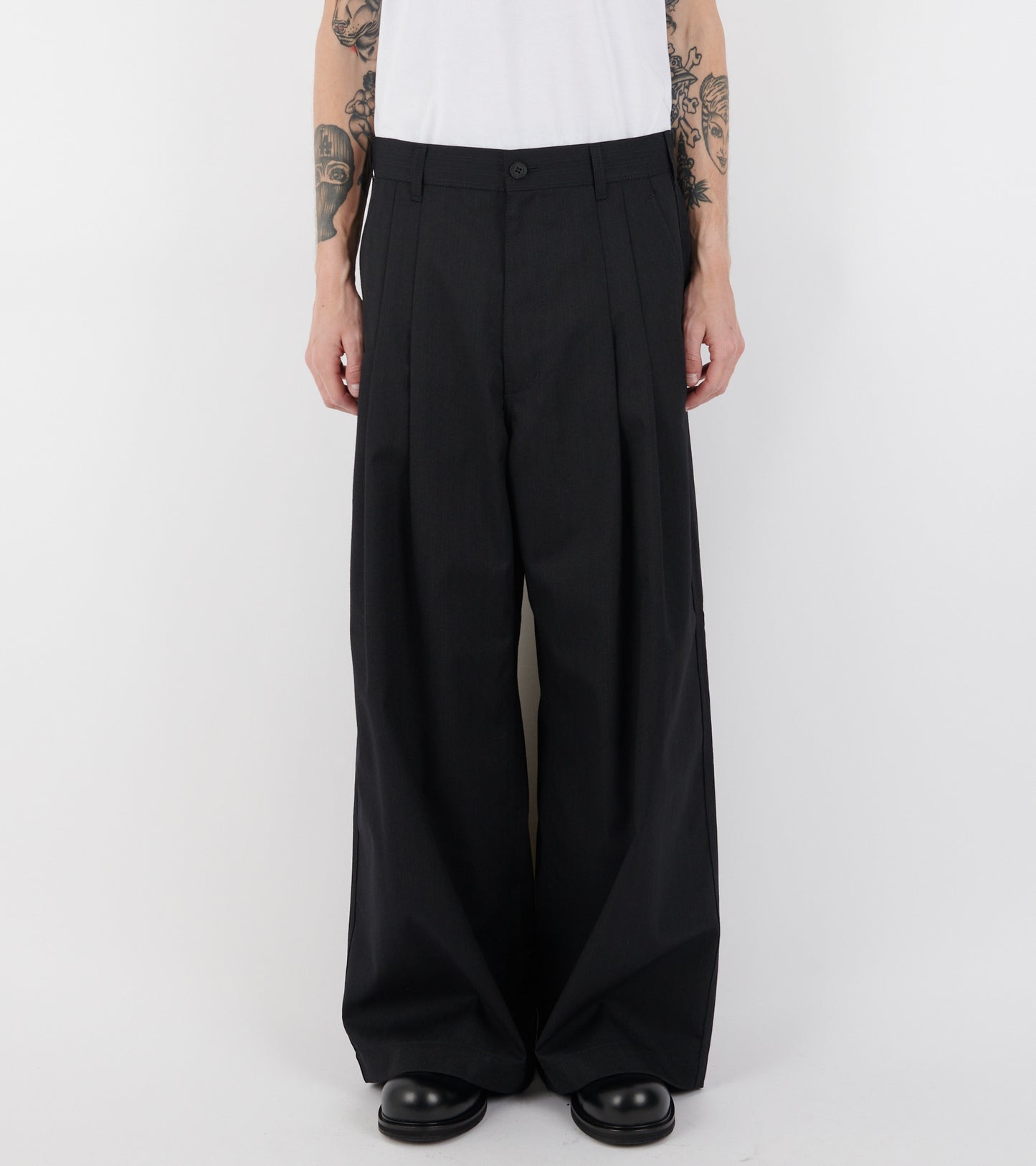 Wide Striped Wool Blend Pants Black