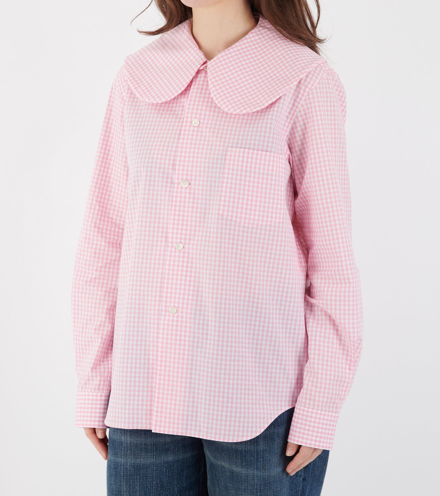 Big Round Collar Check Shirt Light Pink/White