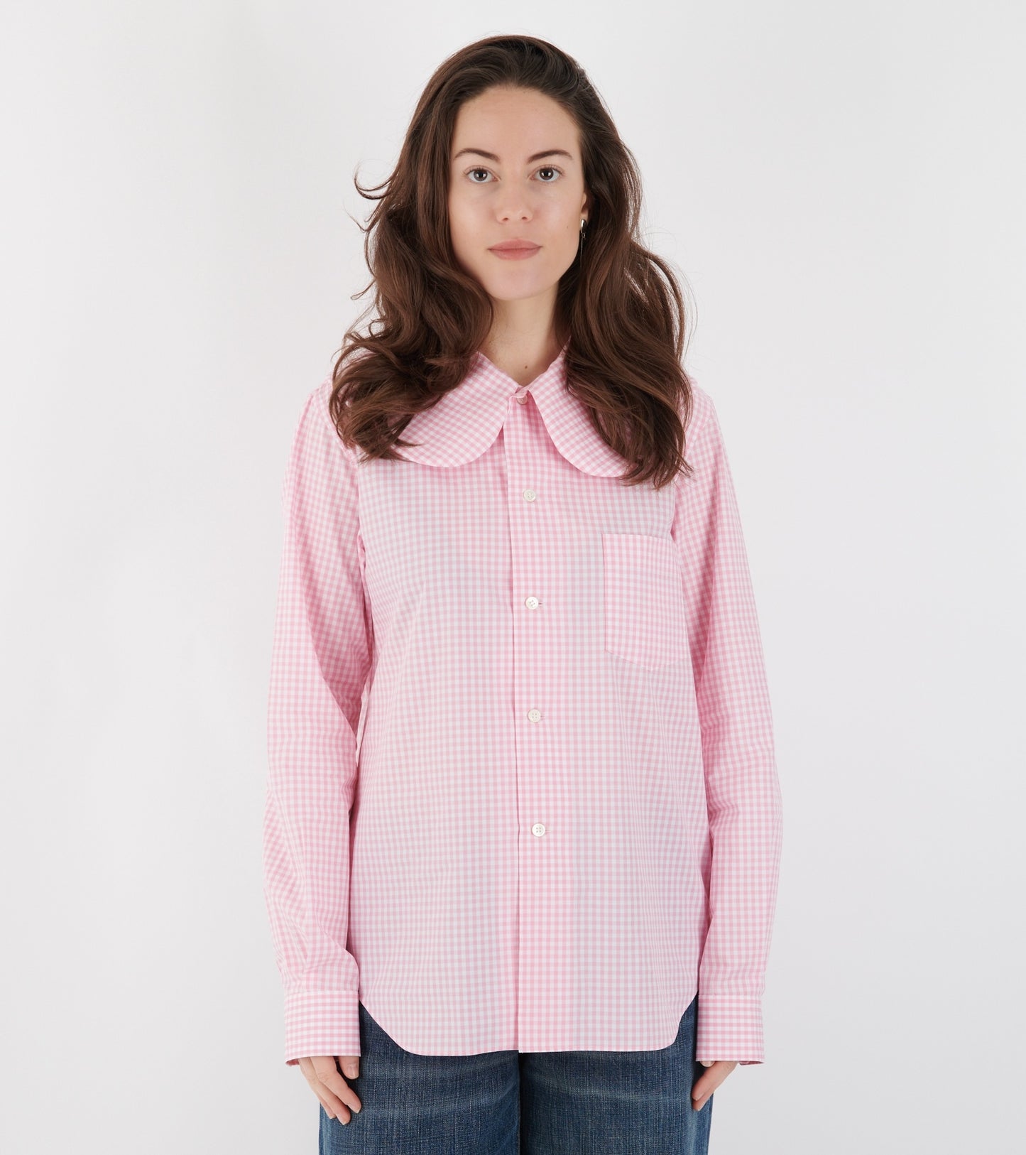 Big Round Collar Check Shirt Light Pink/White